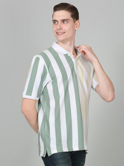 T-Shirt for Men | Breathable & Soft with Color Fastness Regular Fit Polo Neck Poly Cotton Fabric Striped Pattern