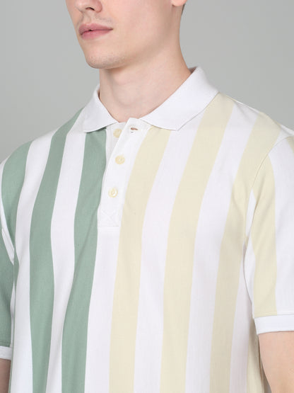 T-Shirt for Men | Breathable & Soft with Color Fastness Regular Fit Polo Neck Poly Cotton Fabric Striped Pattern