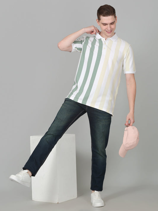 T-Shirt for Men | Breathable & Soft with Color Fastness Regular Fit Polo Neck Poly Cotton Fabric Striped Pattern
