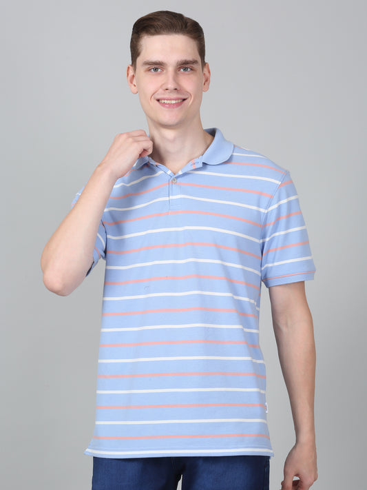 T-Shirt for Men | Breathable & Soft with Color Fastness Regular Fit Polo Neck Poly Cotton Fabric Striped Pattern