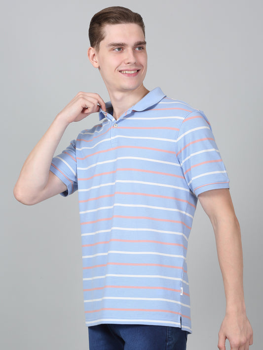 T-Shirt for Men | Breathable & Soft with Color Fastness Regular Fit Polo Neck Poly Cotton Fabric Striped Pattern