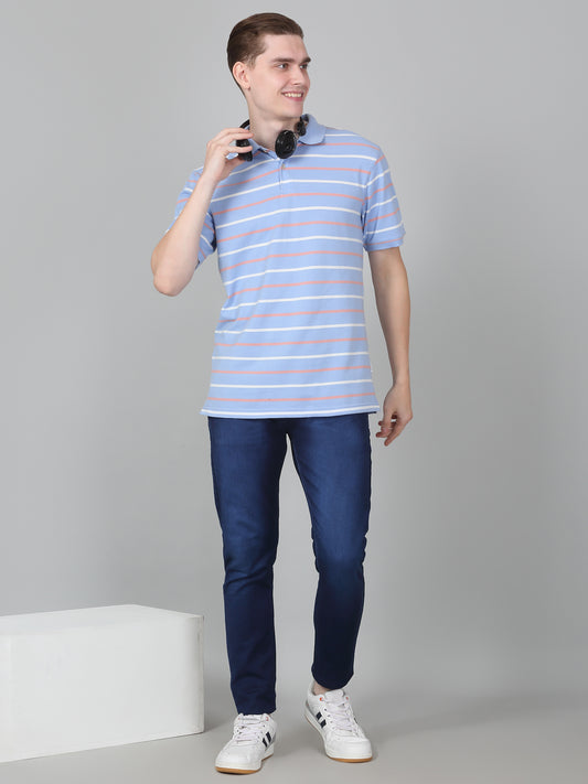T-Shirt for Men | Breathable & Soft with Color Fastness Regular Fit Polo Neck Poly Cotton Fabric Striped Pattern