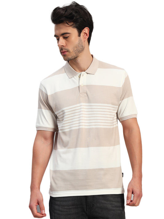 T-Shirt for Men | Breathable & Soft with Color Fastness Regular Fit Polo Neck Poly Cotton Fabric Striped Pattern
