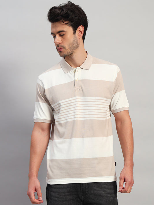 T-Shirt for Men | Breathable & Soft with Color Fastness Regular Fit Polo Neck Poly Cotton Fabric Striped Pattern
