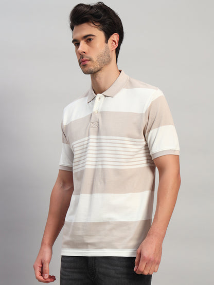 T-Shirt for Men | Breathable & Soft with Color Fastness Regular Fit Polo Neck Poly Cotton Fabric Striped Pattern