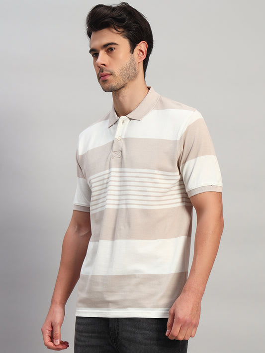 T-Shirt for Men | Breathable & Soft with Color Fastness Regular Fit Polo Neck Poly Cotton Fabric Striped Pattern