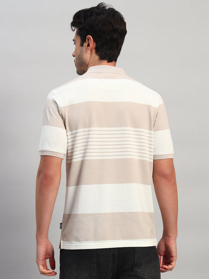 T-Shirt for Men | Breathable & Soft with Color Fastness Regular Fit Polo Neck Poly Cotton Fabric Striped Pattern