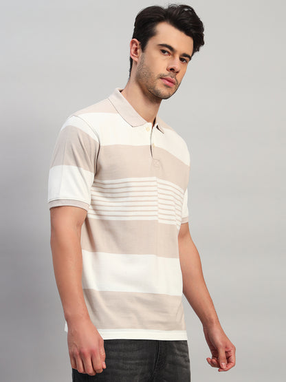 T-Shirt for Men | Breathable & Soft with Color Fastness Regular Fit Polo Neck Poly Cotton Fabric Striped Pattern