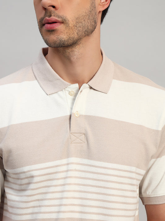 T-Shirt for Men | Breathable & Soft with Color Fastness Regular Fit Polo Neck Poly Cotton Fabric Striped Pattern