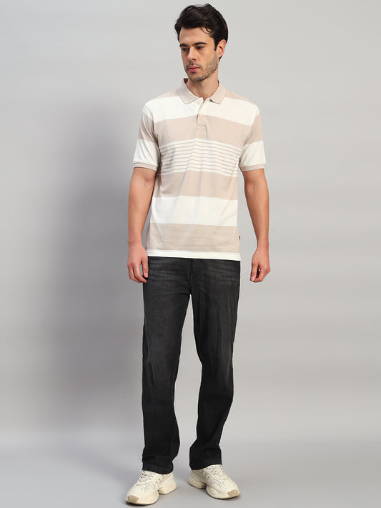 T-Shirt for Men | Breathable & Soft with Color Fastness Regular Fit Polo Neck Poly Cotton Fabric Striped Pattern