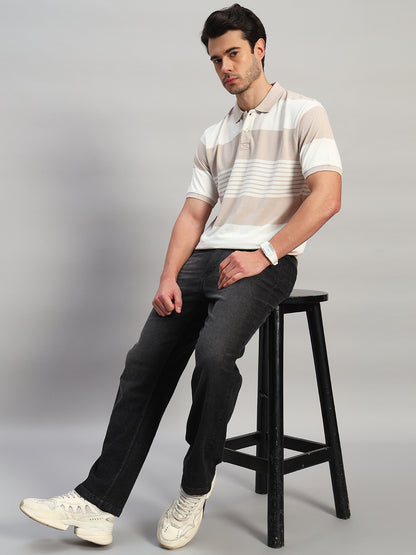 T-Shirt for Men | Breathable & Soft with Color Fastness Regular Fit Polo Neck Poly Cotton Fabric Striped Pattern