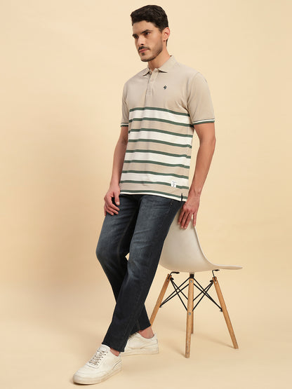 T-Shirt for Men | Breathable & Soft with Color Fastness Regular Fit Polo Neck Poly Cotton Fabric Striped Pattern