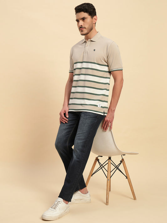 T-Shirt for Men | Breathable & Soft with Color Fastness Regular Fit Polo Neck Poly Cotton Fabric Striped Pattern