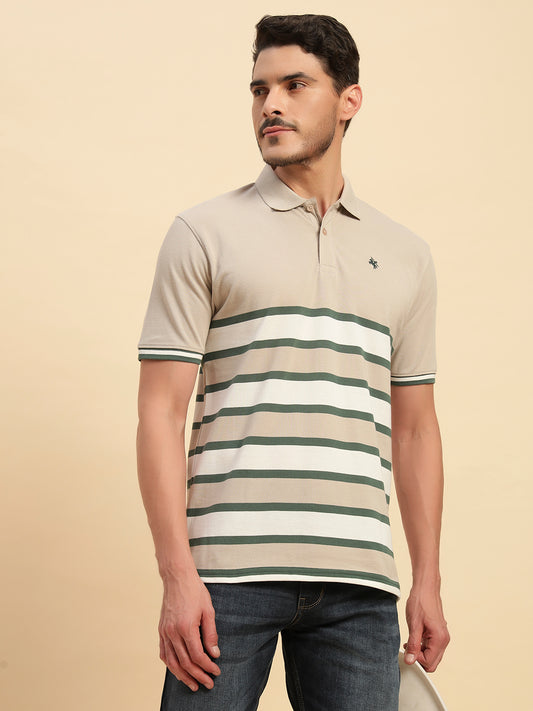 T-Shirt for Men | Breathable & Soft with Color Fastness Regular Fit Polo Neck Poly Cotton Fabric Striped Pattern
