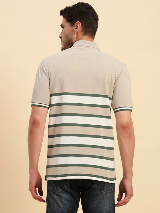 T-Shirt for Men | Breathable & Soft with Color Fastness Regular Fit Polo Neck Poly Cotton Fabric Striped Pattern