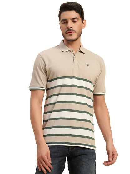 T-Shirt for Men | Breathable & Soft with Color Fastness Regular Fit Polo Neck Poly Cotton Fabric Striped Pattern