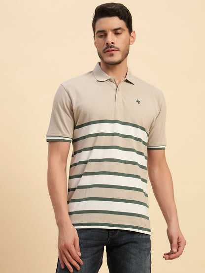T-Shirt for Men | Breathable & Soft with Color Fastness Regular Fit Polo Neck Poly Cotton Fabric Striped Pattern