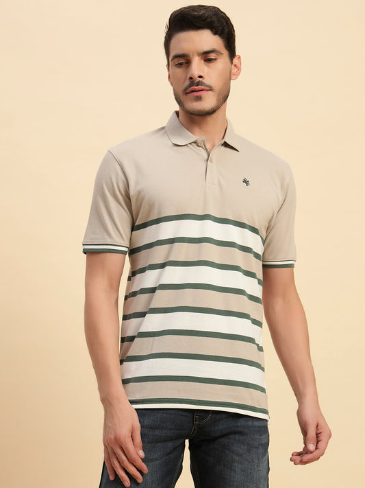 T-Shirt for Men | Breathable & Soft with Color Fastness Regular Fit Polo Neck Poly Cotton Fabric Striped Pattern