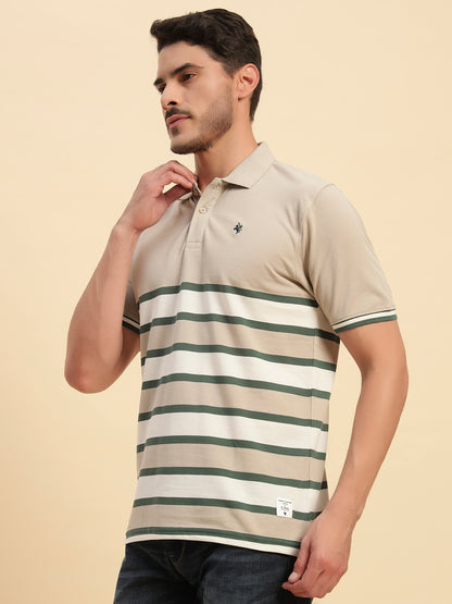 T-Shirt for Men | Breathable & Soft with Color Fastness Regular Fit Polo Neck Poly Cotton Fabric Striped Pattern