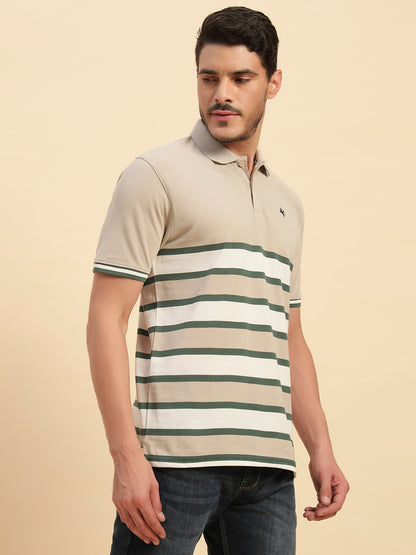 T-Shirt for Men | Breathable & Soft with Color Fastness Regular Fit Polo Neck Poly Cotton Fabric Striped Pattern