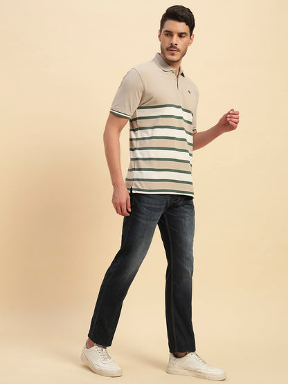 T-Shirt for Men | Breathable & Soft with Color Fastness Regular Fit Polo Neck Poly Cotton Fabric Striped Pattern