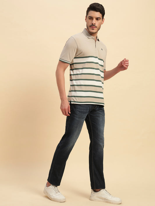 T-Shirt for Men | Breathable & Soft with Color Fastness Regular Fit Polo Neck Poly Cotton Fabric Striped Pattern