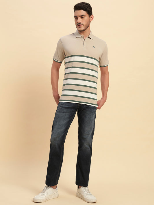 T-Shirt for Men | Breathable & Soft with Color Fastness Regular Fit Polo Neck Poly Cotton Fabric Striped Pattern