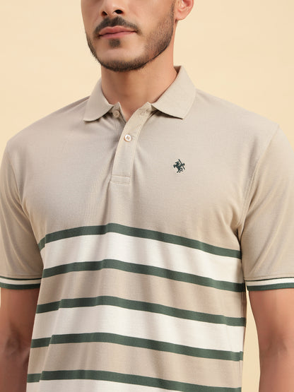 T-Shirt for Men | Breathable & Soft with Color Fastness Regular Fit Polo Neck Poly Cotton Fabric Striped Pattern