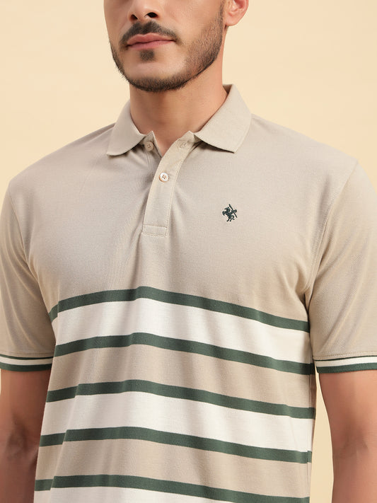 T-Shirt for Men | Breathable & Soft with Color Fastness Regular Fit Polo Neck Poly Cotton Fabric Striped Pattern