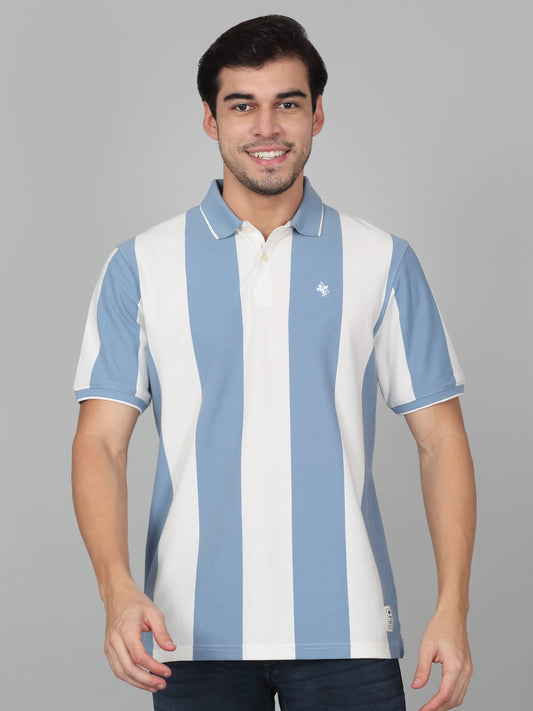 T-Shirt for Men | Breathable & Soft with Color Fastness Regular Fit Polo Neck Poly Cotton Fabric Striped Pattern