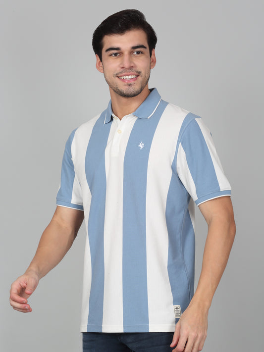 T-Shirt for Men | Breathable & Soft with Color Fastness Regular Fit Polo Neck Poly Cotton Fabric Striped Pattern