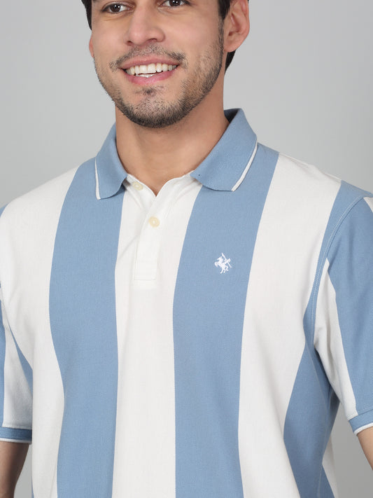 T-Shirt for Men | Breathable & Soft with Color Fastness Regular Fit Polo Neck Poly Cotton Fabric Striped Pattern