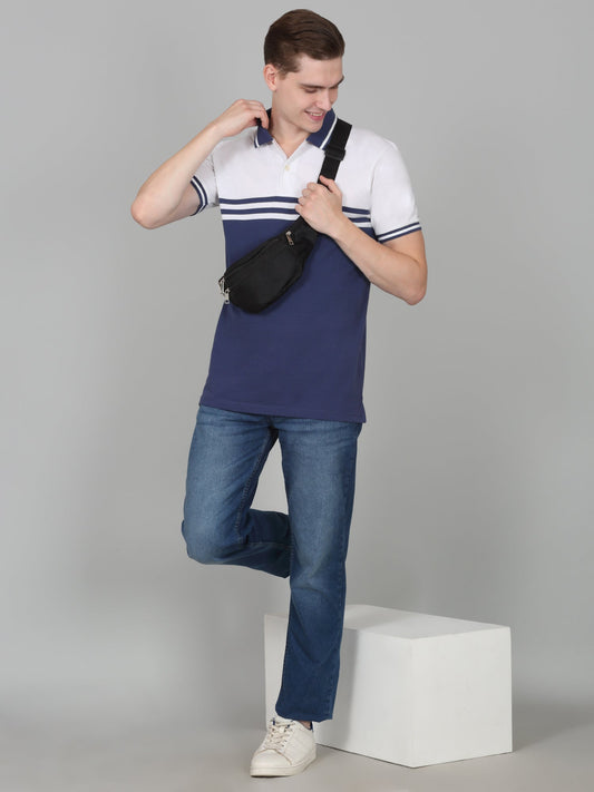 T-Shirt for Men | Breathable & Soft with Color Fastness Regular Fit Polo Neck Poly Cotton Fabric Striped Pattern