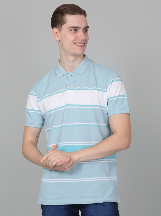 T-Shirt for Men | Breathable & Soft with Color Fastness Regular Fit Polo Neck Poly Cotton Fabric Striped Pattern