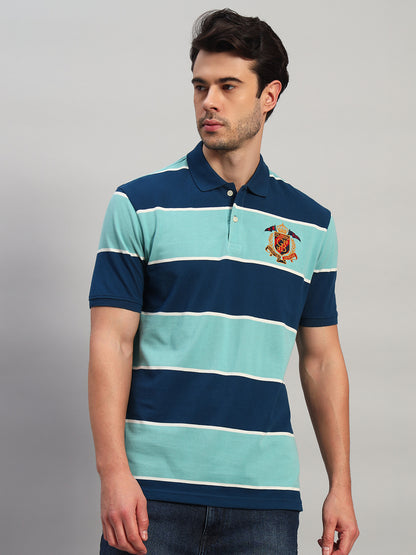 Men's Sea Green Striped Polo Neck T-Shirt