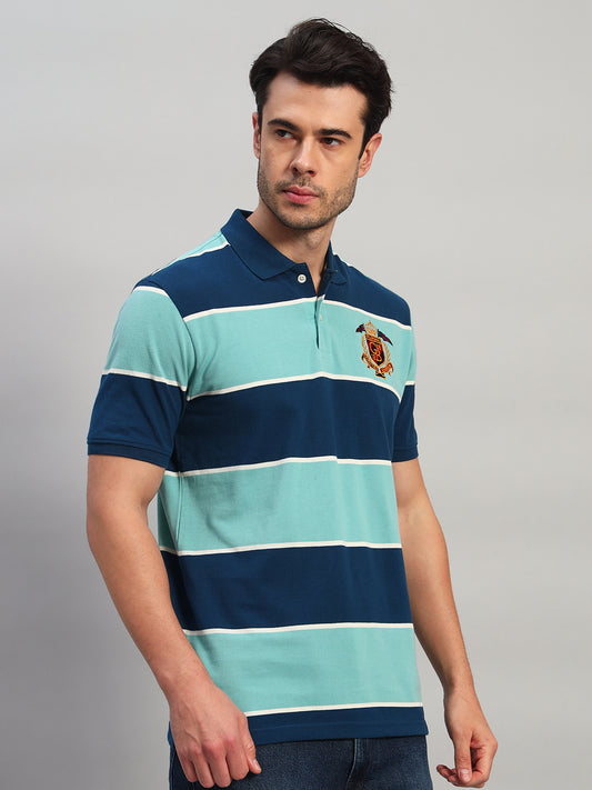 Men's Sea Green Striped Polo Neck T-Shirt