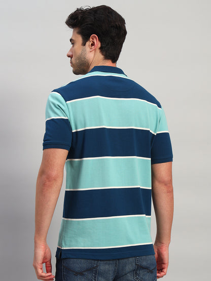 Men's Sea Green Striped Polo Neck T-Shirt