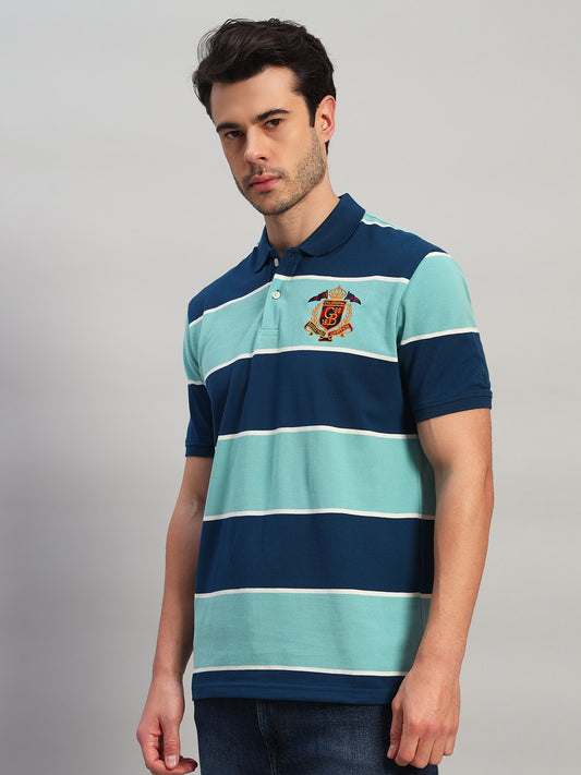 Men's Sea Green Striped Polo Neck T-Shirt