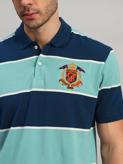 Men's Sea Green Striped Polo Neck T-Shirt