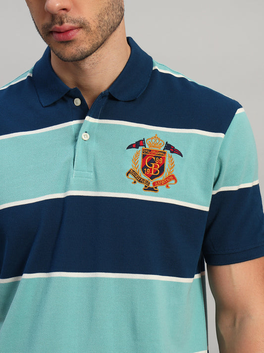 Men's Sea Green Striped Polo Neck T-Shirt
