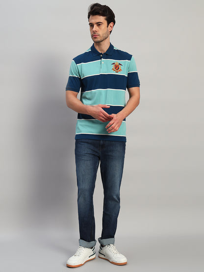 Men's Sea Green Striped Polo Neck T-Shirt