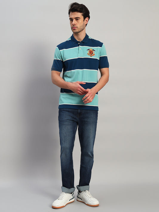 Men's Sea Green Striped Polo Neck T-Shirt
