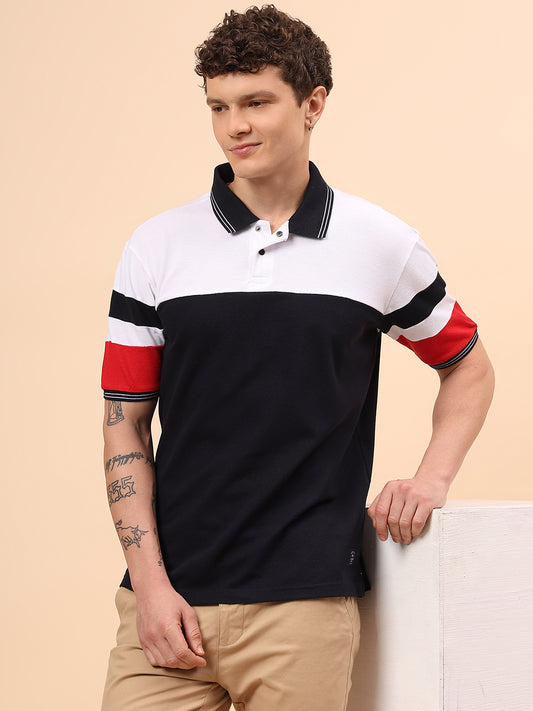 T-Shirt for Men | Breathable & Soft with Color Fastness Regular Fit Polo Neck Poly Cotton Fabric Colour Block Pattern