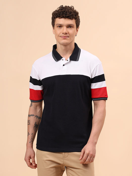 T-Shirt for Men | Breathable & Soft with Color Fastness Regular Fit Polo Neck Poly Cotton Fabric Colour Block Pattern