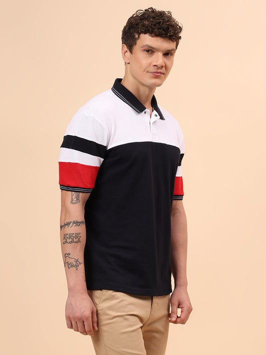 T-Shirt for Men | Breathable & Soft with Color Fastness Regular Fit Polo Neck Poly Cotton Fabric Colour Block Pattern