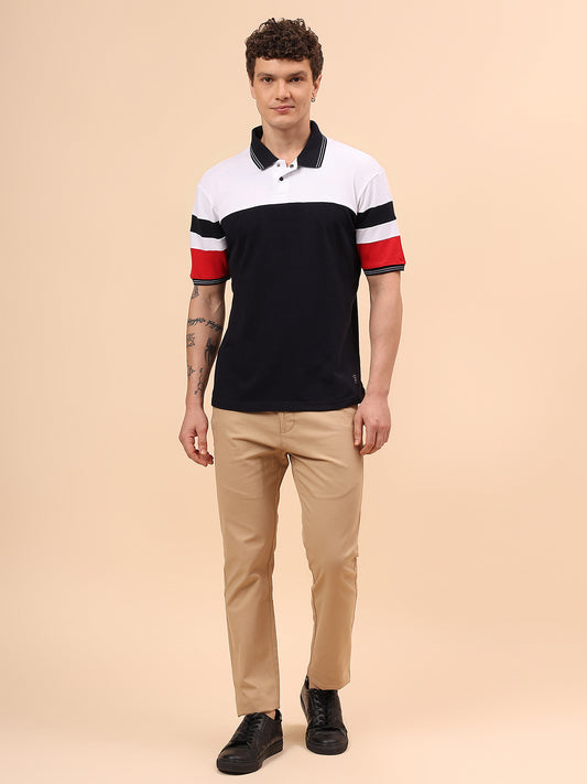 T-Shirt for Men | Breathable & Soft with Color Fastness Regular Fit Polo Neck Poly Cotton Fabric Colour Block Pattern