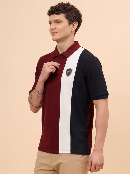 T-Shirt for Men | Breathable & Soft with Color Fastness Regular Fit Polo Neck Poly Cotton Fabric Colour Block Pattern
