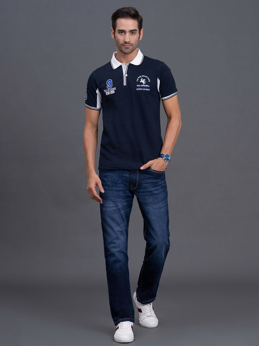 Men's Dark Blue Regular Fit Typography Half Sleeve Casual T-Shirt