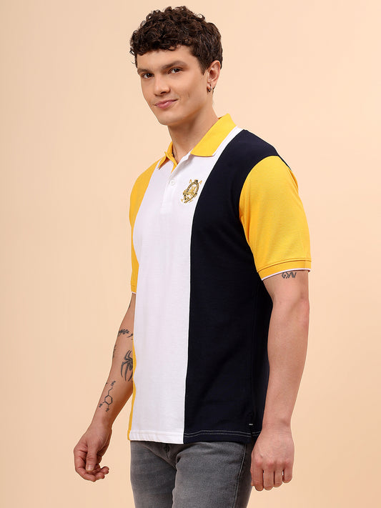 T-Shirt for Men | Breathable & Soft with Color Fastness Regular Fit Polo Neck Poly Cotton Fabric Colour Block Pattern
