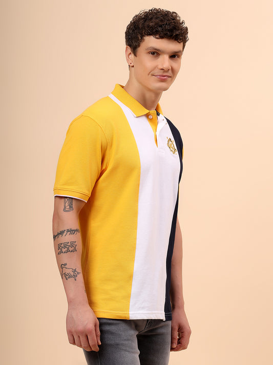 T-Shirt for Men | Breathable & Soft with Color Fastness Regular Fit Polo Neck Poly Cotton Fabric Colour Block Pattern